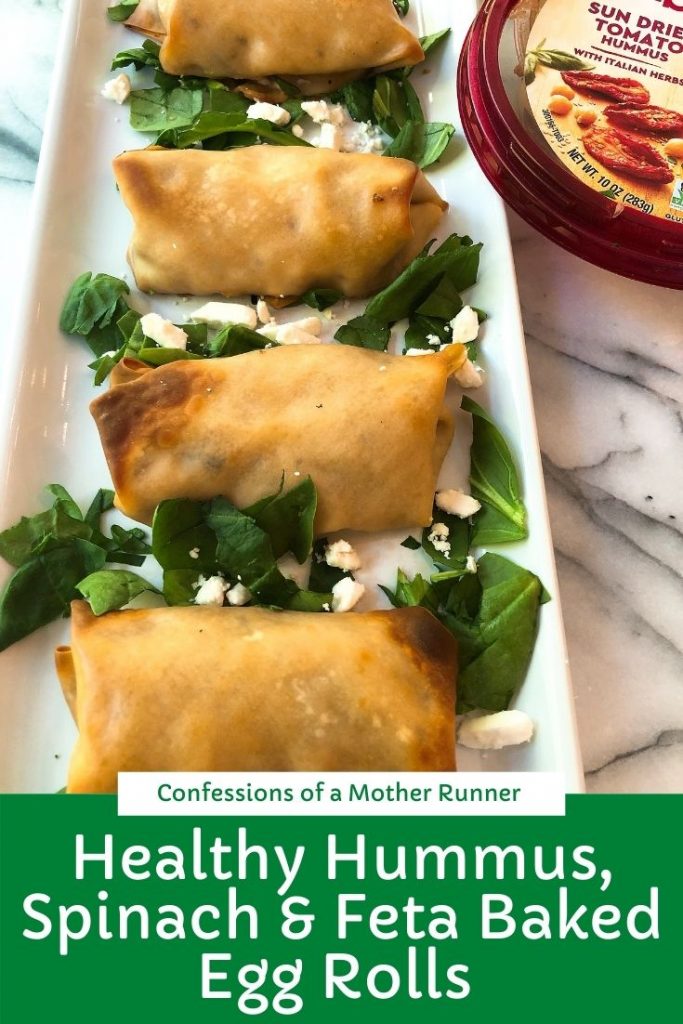 Hummus, Spinach and feta baked egg rolls Meatless Monday